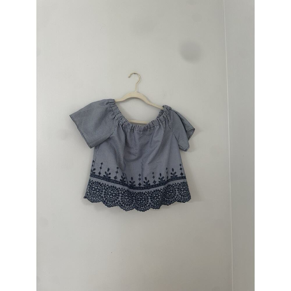 Daily Special Blue Gingham Checked Blouse Womens Size M Off the Shoulder Cottage